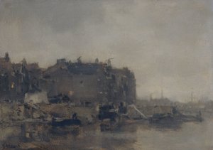 霧の日にアムステルダムのプリンス・ヘンドリッカデの家々 作： Jacob Maris