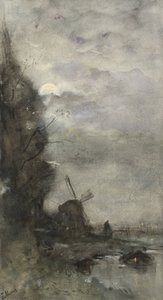 月明かりに照らされた風車のある風景 作： Jacob Maris