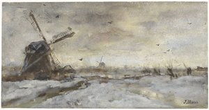 雪の中に風車のある風景 作： Jacob Maris
