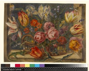 花の研究：バスケットに詰められた花、窓の設定に昆虫とトカゲ、1634