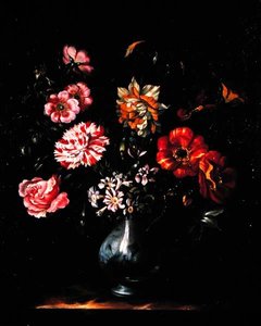 青と白の花瓶に入った花（油彩・キャンバス 作： Jacob Marrel