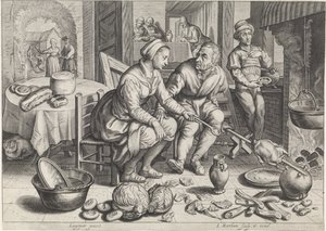 鶏肉を串に刺したキッチンピース キッチンと市場のシーンと聖書のシーン (シリーズ タイトル) 作： Jacob Matham