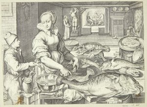 キッチン レディーが魚を掃除しているキッチン シーン 作： Jacob Matham