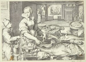 キッチン レディーが魚を掃除しているキッチン シーン 作： Jacob Matham
