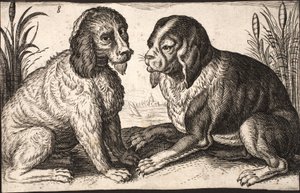 湖畔の 2 匹の犬 作： Jacob Matham
