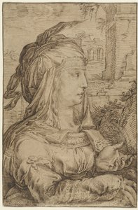 右横顔のファンタジー衣装を着た女性 作： Jacob Matham