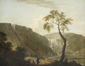 滝と手前に座ったアーティストのいる岩だらけの風景 作： Jacob More