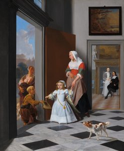 エレガントなホワイエの看護師と子供、1663年。 作： Jacob Lucasz Ochtervelt