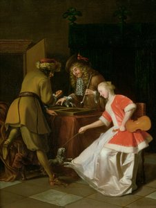 女性と彼女の犬と一緒のTric-tracプレーヤー 作： Jacob Lucasz Ochtervelt