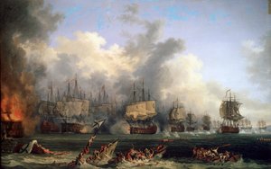 1771年、チェスマ海軍の戦いにおけるロシアの戦艦聖エブスタフィウスの沈没。 作： Jacob Philipp Hackert