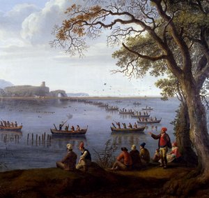 フェルディナンド4世がフサロ湖でコイを狩る様子、ヤコブ・フィリップ・ハッケルト（1737-1807）作、詳細 作： Jacob Philippe Hackert