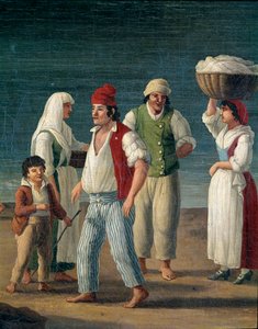 イタリア・バルレッタの漁師と農民の女性たち - ディテール 絵画：ヤコブ・フィリップ・ハッケルト(1737-1807) 18世紀 - ナポリ・サンマルティーノ美術館蔵