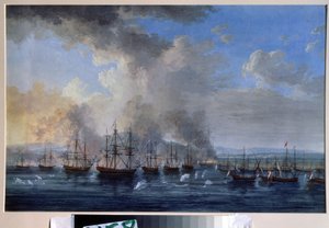 ロシア・オスマン戦争: 「1770 年のダミエッタの海戦」 (The naval Battle of Damietta on 1770) エカテリーナ 2 世のロシアとオスマン帝国の艦隊 (オルロフの革命またはオルロフ兄弟の遠征) と対立した。 ペイント 作： Jacob Philippe Hackert