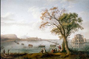イタリア・ナポリ近郊のフサロ湖で行われた、2つのシチリア島のフェルディナンド1世のクート狩り 作： Jacob Philippe Hackert