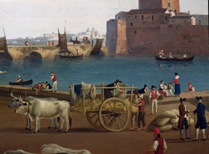 18世紀のイタリア、タラント（Taranto）の港の風景 港で荷物を降ろすドッカーたち、牛に引かれた馬車 - ヤコブ・フィリップ・ハッケルト（Jacob Philipp Hackert dit Hackert d