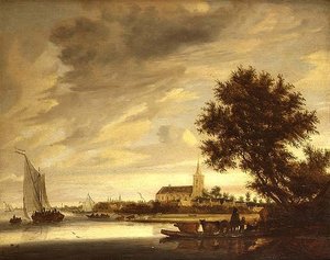 フェリーを前面に出した川の風景 作： Jacob Salomonsz. (circle of) Ruysdael
