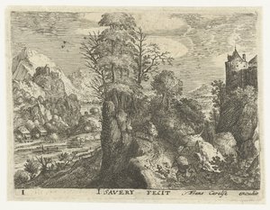 険しい岩の上に旅行者がいる風景 旅人のいる六つの風景（連載タイトル） 作： Jacob Savery (I)