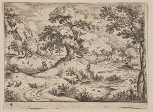 沼のほとりの道牧羊犬と羊（「風景」より 作： Jacob Savery I
