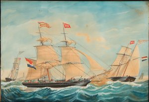 ヘンドリカバルティーナとヨハナヘンドリカが海岸近くを航海している、1852年 作： Jacob Spin