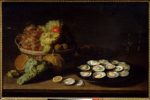 静物、カキ、果物。 Jacob Fopsen Van Es (ca. 1596-1666) Ec による絵画。 フラム。 作： Jacob Van Es