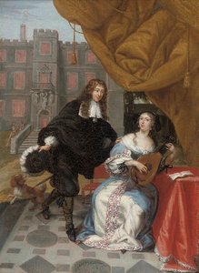 中庭で女性の音楽制作を求愛する紳士、1668年 作： Jacob de Fourmentrou