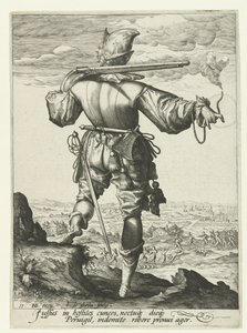 ヘルメットをかぶった銃士 (harquebusier?) 将校と兵士（シリーズタイトル） 作： Jacob de Gheyn (II)