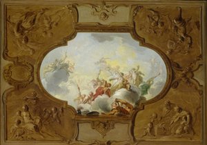 四季の隅にアイネアスの神格化が描かれた天井画のデザイン 作： Jacob de Wit