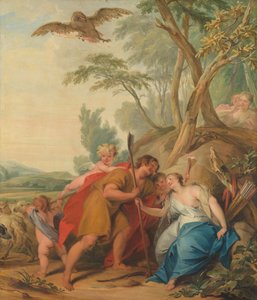 木星、羊飼いに変装、記憶の女神、ムネモシュネを誘惑、1727 作： Jacob de Wit