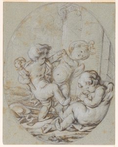 Three Putti: グリザイユ画のデザイン 作： Jacob de Wit