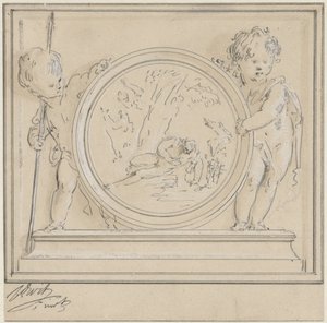 水仙とエコーが入ったメダリオン付きの 2 つのプッチ 作： Jacob de Wit