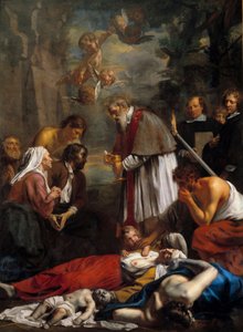 ゲントの聖マケールが害虫を救う 聖マケールは 11 世紀のアルメニアの修道士です。 Jacob II van Oost（1637-1713）による絵画1673日。 3.5x2.57メートル 作： Jacob the Younger Van Oost