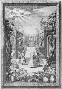 ヘンリー・フレッチャー（1729年頃）が彫った「Catalogus Plantarum」の扉絵。 作： Jacob van (after) Huysum