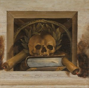 Vanitas Still Life with Skull with 月桂冠、本、2 つのろうそく