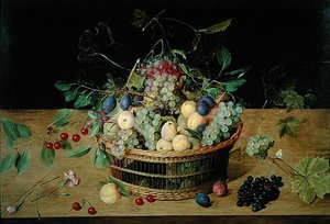果物の入ったバスケット（油彩・パネル 作： Jacob van Hulsdonck