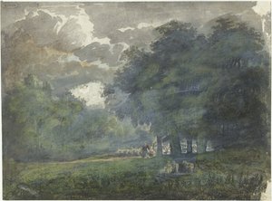 樹木が茂った風景の中で群れを持つ羊飼い 作： Jacob van Liender