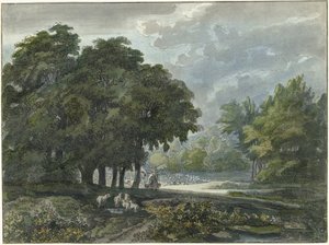 樹木が茂った風景の中で群れを持つ羊飼い 作： Jacob van Liender