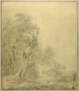 水際の枯れ木、ポールを持って近づく人物 作： Jacob van Ruisdael