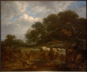丘陵地の森の中の滝の風景 作： Jacob van Ruisdael