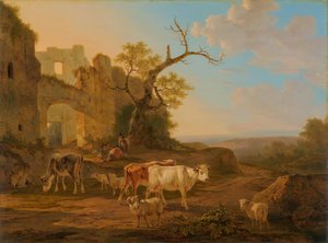 廃墟近くの牛のいる風景 作： Jacob van Strij