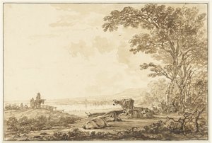 牛が休んでいる川の風景 作： Jacob van Strij