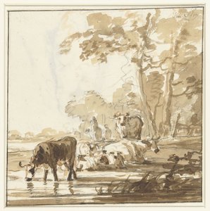 池の近くの森の端で休む牛 作： Jacob van Strij
