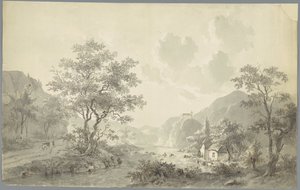 山の風景の中の湖の近くの滝 作： Jacob van Strij