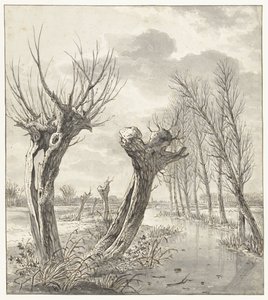 凍った溝に沿ってポラード柳のある冬の風景 作： Jacob van Strij