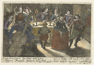Dinerende studenten en muzikanten 学生の間での図像的なジョークのチャンピオン (...) (シリーズのタイトル) 作： Jacob van der Heyden