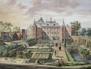 ゴーカム近くのメルヴェーデ川沿いの「Het Tolhuis」の想像図、1654年頃（ベラムのガッシュ） 作： Jacob van der Ulft