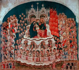 ジャコベッロ・デル・フィオーレ（1370-1439）の木版画「楽園における聖母の戴冠式」。15世紀 ヴェネチア・アカデミア美術館のギャラリー 作： Jacobello del Fiore