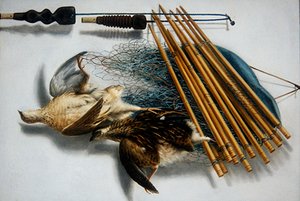 2羽のウズラと狩猟用具のある静物画 作： Jacobus Biltius