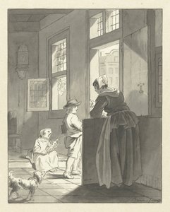 母親が子供に学校へ行く様子を見せる 作： Jacobus Buys
