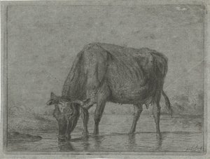 水たまりから水を飲む牛 作： Jacobus Cornelis Gaal