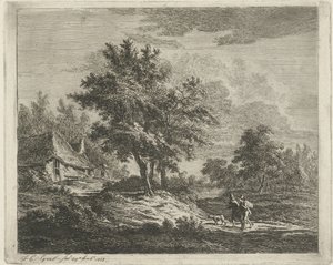 3 本の木の近くに歩行者がいる風景 作： Jacobus Cornelis Gaal